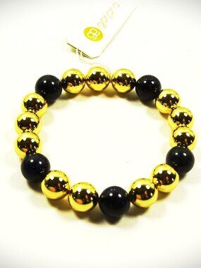 GORJANA Yellow Gold Plated & Sandstone Dark Blue Beads Stretch Bracelet